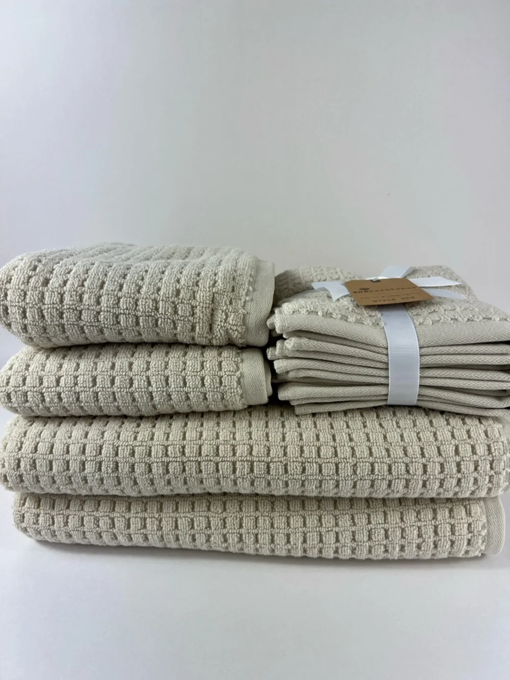 Ecoexistence Oversized Bath Towel Set Tan Waffle Cotton Quick Dry Set of 8 NEW